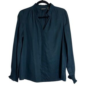Repeat Cashmere Washable Silk Gathered Detail Long Sleeve Blouse Deep Evergreen